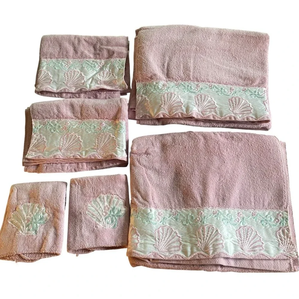 Vintage Cannon Lustre Pink Shell Embroidered Towel Set 6pc Bath Hand Towels